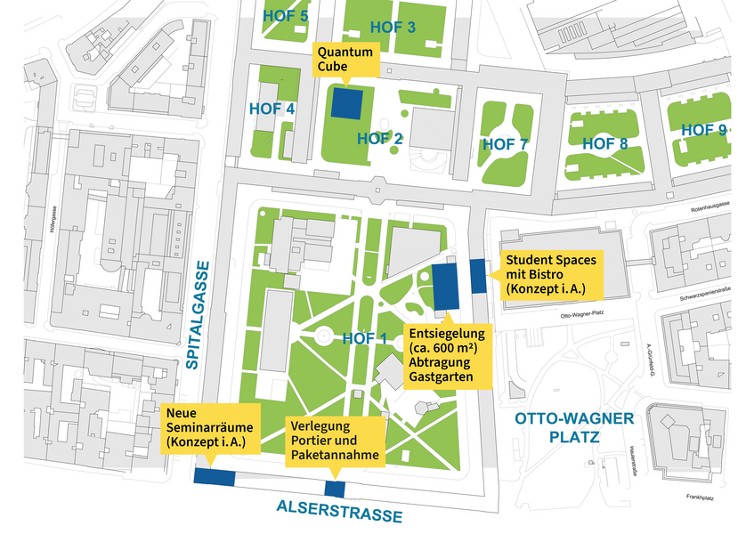 Plan Campus Hof 1 & 2 mit Maßnahmen (in Planung)