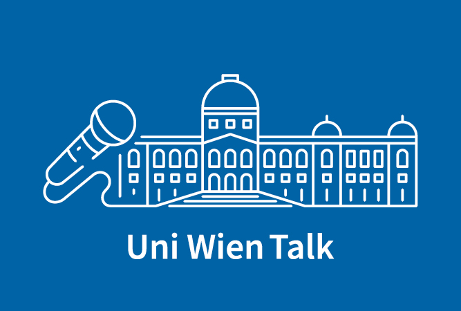 Uni Wien Talk - Silhoutte der Uni Wien mit Mikrofon